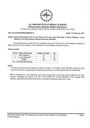 AIIMS, Rishikesh Recruitment 2017 for 19 Senior & Junior Resident Posts