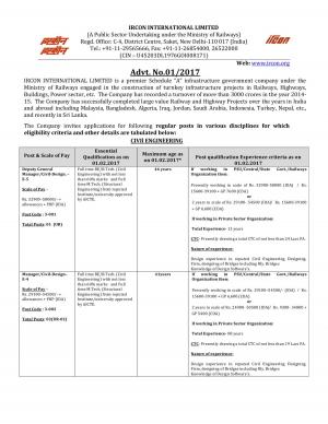 IRCON Recruitment 2017 for 30 Various Departmental Posts