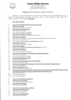 Jamia Milia University Recruitment 2017 for 56 Faculty and Other Posts