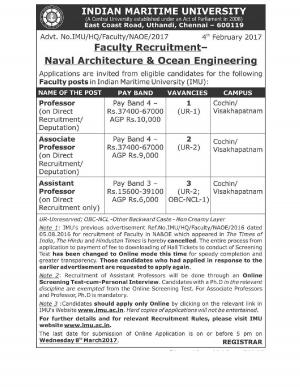 IMU Recruitment 2017 for 06 Faculty Posts
