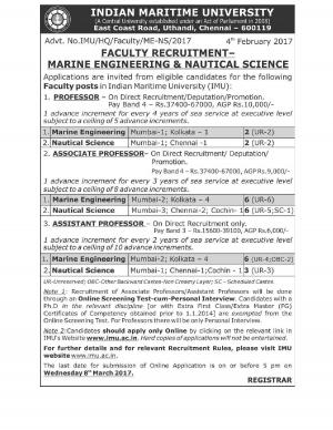 Indian Maritime University Recruitment 2017 for 25 Faculty Posts