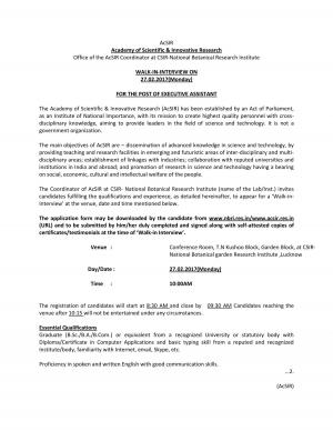 ACSIR Recruitment 2017 for Executive Assistant Post