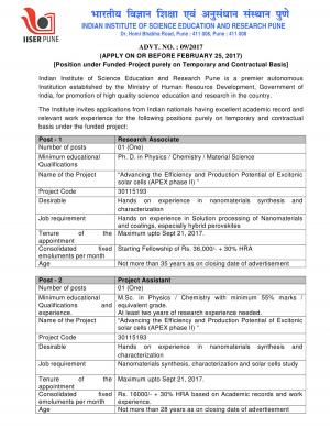 IISER, Pune Recruitment 2017 for Research Associate & Project Assistant Posts
