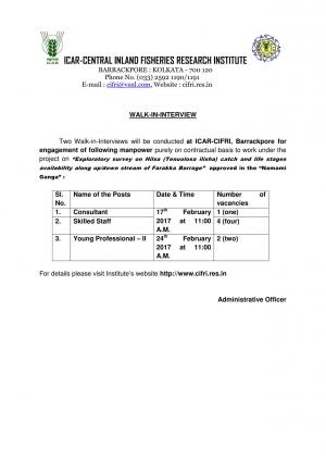 ICAR-CIFRI Recruitment 2017 for 7 Consultant, Skilled Staff and Young Professional II Posts