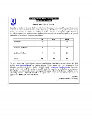 JNU Recruitment 2017 for 98 Faculty Posts 