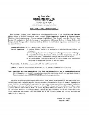 Bose Institute, Kolkata Recruitment 2017 for 04 Research Associate (RA) Posts 