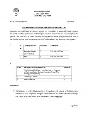 Hindustan Copper Limited Recruitment for Apprentice Training Posts 2017
