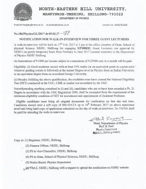 NEHU Recruitment 2017 for 3 Guest Lecturer (Physics) Posts