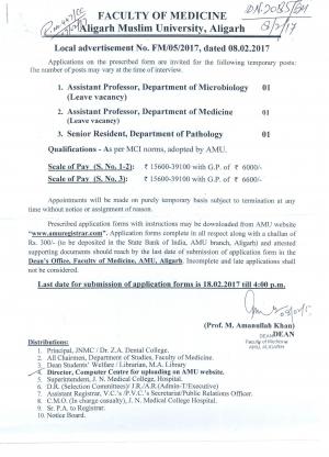 AMU Recruitment 2017 for 3 Assistant Professor and Senior Resident Posts