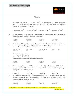 JEE Main Sample Paper Set 10 Physics Questions
