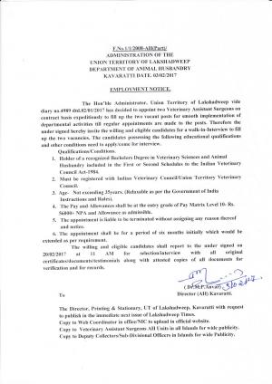 ADMINISTRATION OF THE UNION TERRITORY OF LAKSHADWEEP DEPARTMENT OF ANIMAL HUSBANDRY