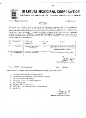 Siliguri Municipal Corporation Recruitment 2017 for 04 PTMO NUHM & RMO Martisadan Posts 