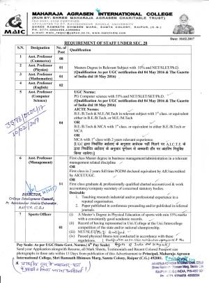 Maharaja Agrasen International College, Raipur Recruitment 2017 for 21 Faculty & Other Posts 