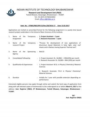 IIT Bhubaneswar Recruitment 2017 for 2 Project Assistant & Research Associate Posts