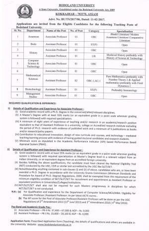 Bodoland University Recruitment 2017 for 10 Faculty Posts
