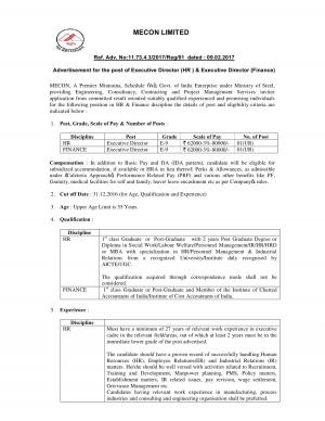 MECON Limited, Jharkhand Recruitment 2017 for 02 Executive Director Posts