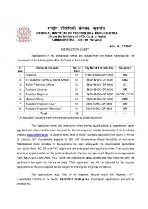 NIT, Kurukshetra Recruitment 2017 for 10 Assistant Registrar and Other Posts