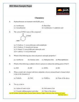 JEE Main Sample Paper Set 10 Chemistry Questions