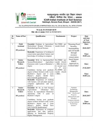ICAR-IISS, Bhopal Recruitment 2017 for 04 Field Assistant & SRF Posts