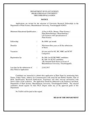 Bharathidasan University Recruitment 2017 for 04 Research Fellow Posts