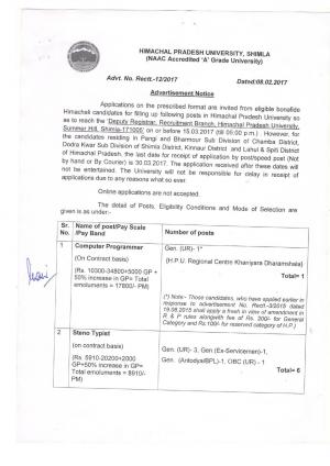 HPU Recruitment 2017 for 84 Junior Office Assistant & Other Posts 