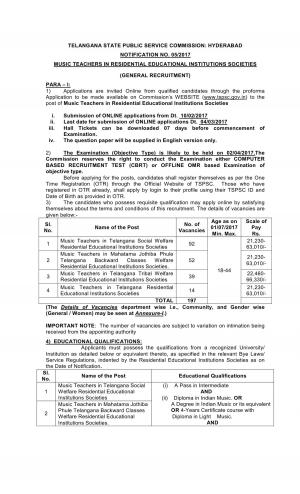 TSPSC Recruitment 2017 for 197 Music Teacher Posts