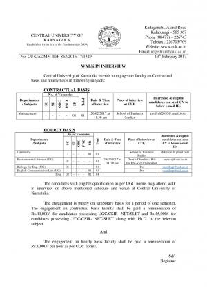 CUK Recruitment 2017 for 05 Faculty (Contractual & Hourly Basis) Posts