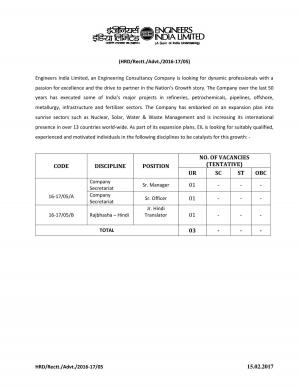 EIL Recruitment 2017 for 03 Sr. Manager, Sr. Officer & Jr. Hindi Translator Posts