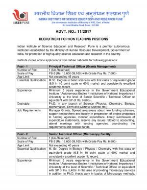 IISER, Pune Recruitment 2017 for 21 Technical Assistant and other Posts 