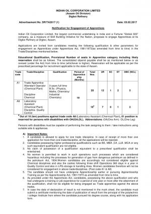 IOCL Recruitment 2017 for 30 Trade Apprentice Attendant Operator and Laboratory Assistant Posts