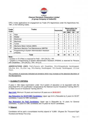 CPCL Recruitment 2017 for 48 Mechanic Motor Vehicle & Other Posts 