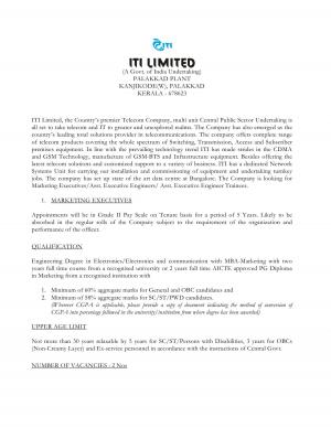 ITI Limited, Kerala Recruitment 2017 for 11 Marketing Exe and Assistant Exe Engineer Trainee Posts