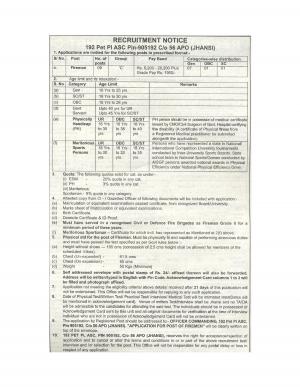 Vacancies for 9 Posts of Fireman at Army Post at 192 PET PL ASC, C/o 56 APO, Jhansi 