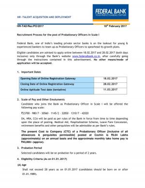 Federal Bank Probationary Officer Recruitment 2017, Apply for Bank PO Online 