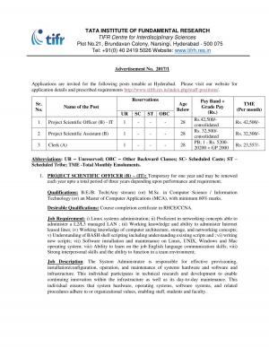 TIFR Recruitment 2017 for 03 Clerk & Other Posts 