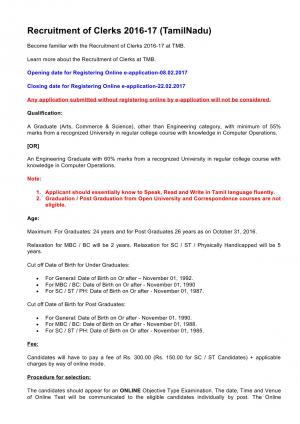 TMB for Recruitment 2017, Apply for Clerk  Posts online @tmb.in  