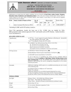 AAI, Chennai Recruitment 2017 for 147 Junior Assistant (Fire Service) Posts
