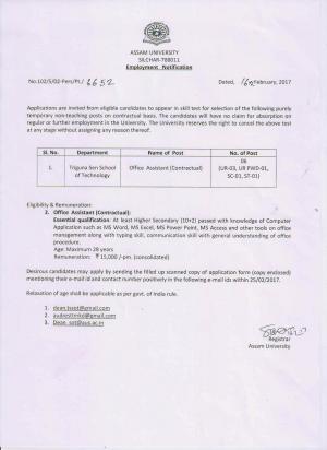 Assam University Recruitment 2017 for 06 Office Assistant (Contractual) Posts