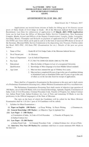 Mizoram Public Service Commission (MPSC) Recruitment 2017 for 16 Civil Judge Posts 