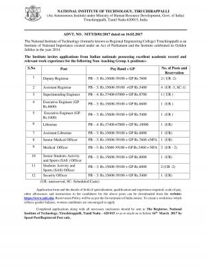 NIT, Tiruchirappalli Recruitment 2017 for 18 Assistant Registrar & Other Posts 
