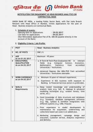 Union Bank Recruitment 2017 for 1 Head Business Analytics Posts  