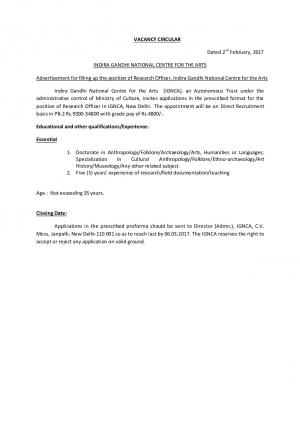 IGNCA Recruitment for Research officer and other Posts 