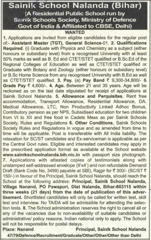 Sainik School Nalanda (Bihar) Recruitment 2017 for Assistant Master (TGT Regular) Post 