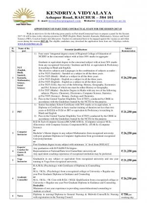 Kendriya Vidyalaya, Raichur Recruitment 2017 for PGT, TGT, PRT, and Other Posts  