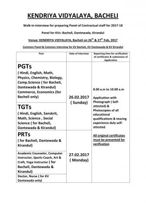 Kendriya Vidyalaya, Bacheli Recruitment 2017 for PGT, TGT, PRT, and Other Posts  