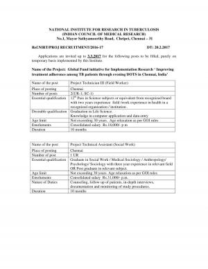 NIRT Recruitment 2017 for 05 Project Technician & Project Technical Assistant  Post