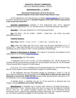 MSCWB Recruitment 2017 for 09 Assistant Engineer (Civil) Posts