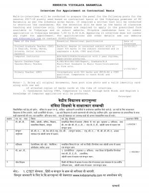 Kendriya Vidyalaya, Baramulla Recruitment 2017 for PGT, TGT, PRT, and Other Posts  