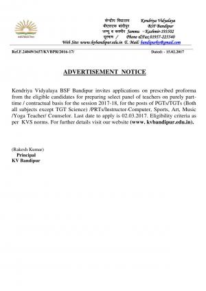 Kendriya Vidyalaya, BSF Bandipur Recruitment 2017 for PGT, TGT and Other Posts  