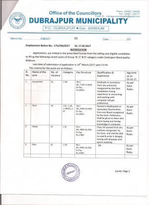 Dubrajpur Municipality, WB Recruitment 2017 for 07 Clerk & Other Posts